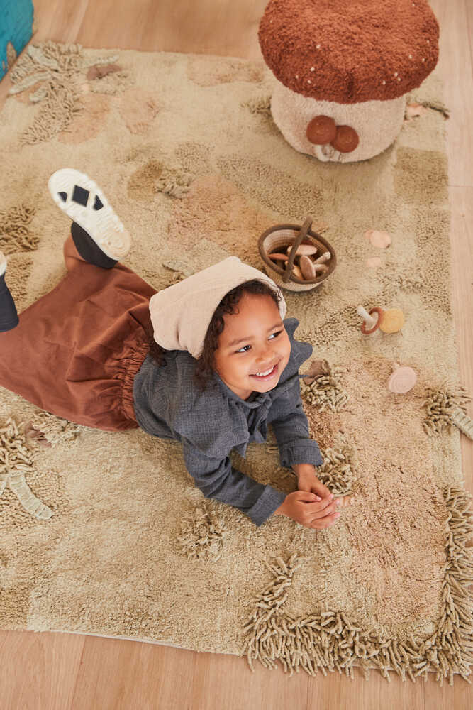 Lorena Canals Mushroom Forest Washable Play Rug with basket and mushroom accessories