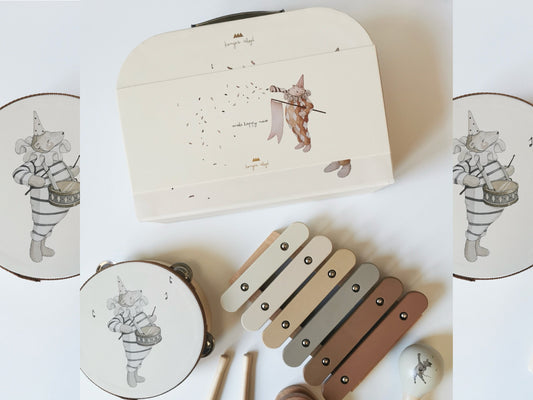 Konges Sløjd Music Set with wooden instruments in illustrated suitcase