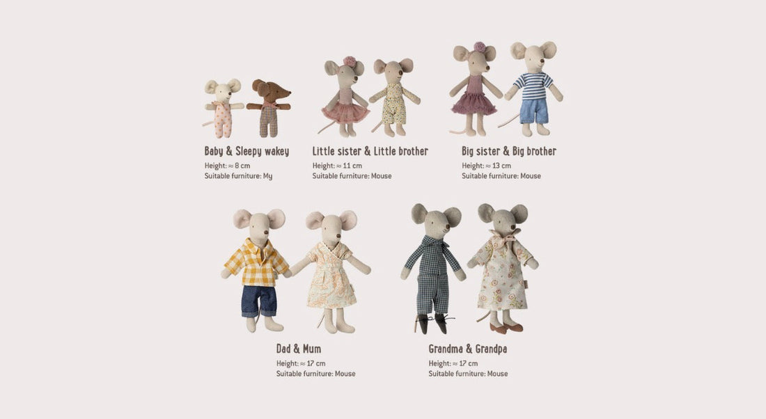 Maileg size comparison guide for My Micro Mouse and Miniature