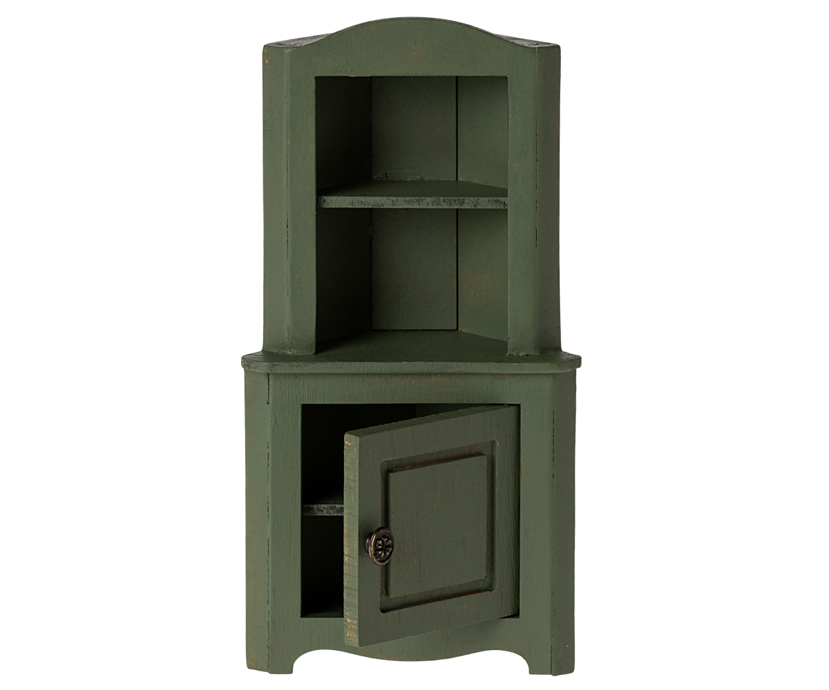 Maileg dark green mouse corner cabinet detail and styled view 1