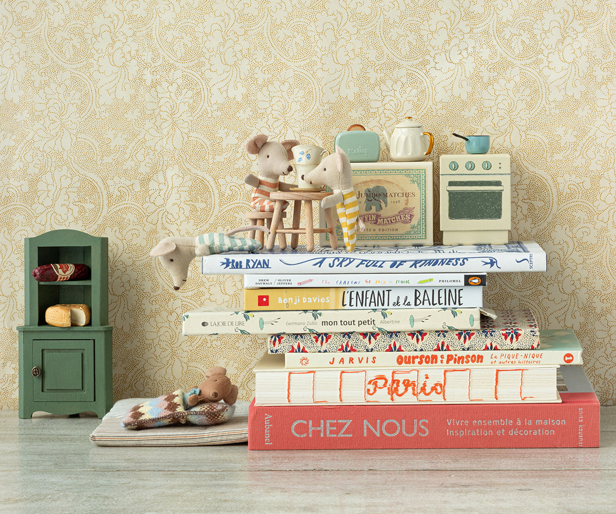 Maileg dark green mouse corner cabinet detail and styled view 2