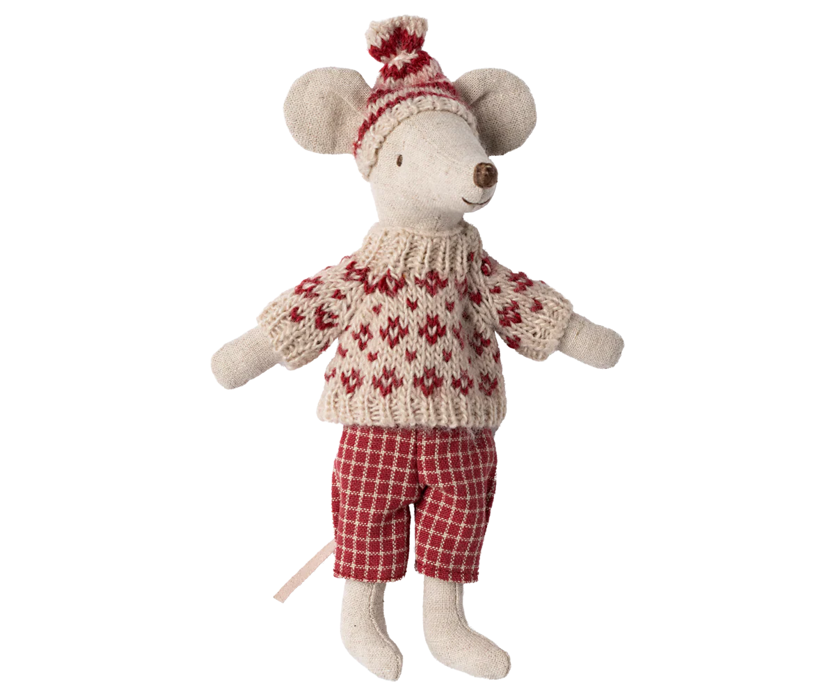 Winter mouse with ski set, Mum - Red