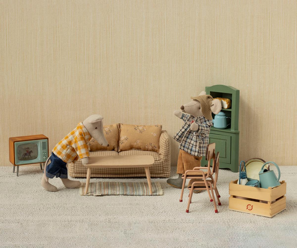 Maileg dark green mouse corner cabinet detail and styled view 4
