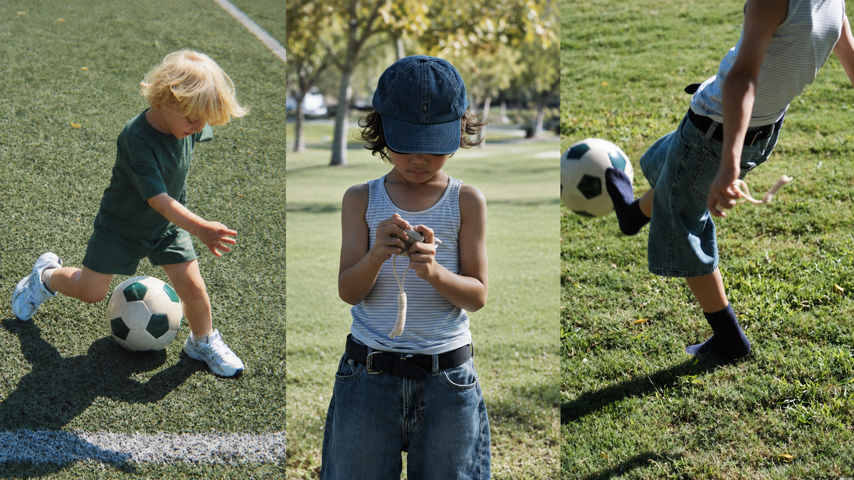 Three moments of childhood: soccer, curious play and running outdoors