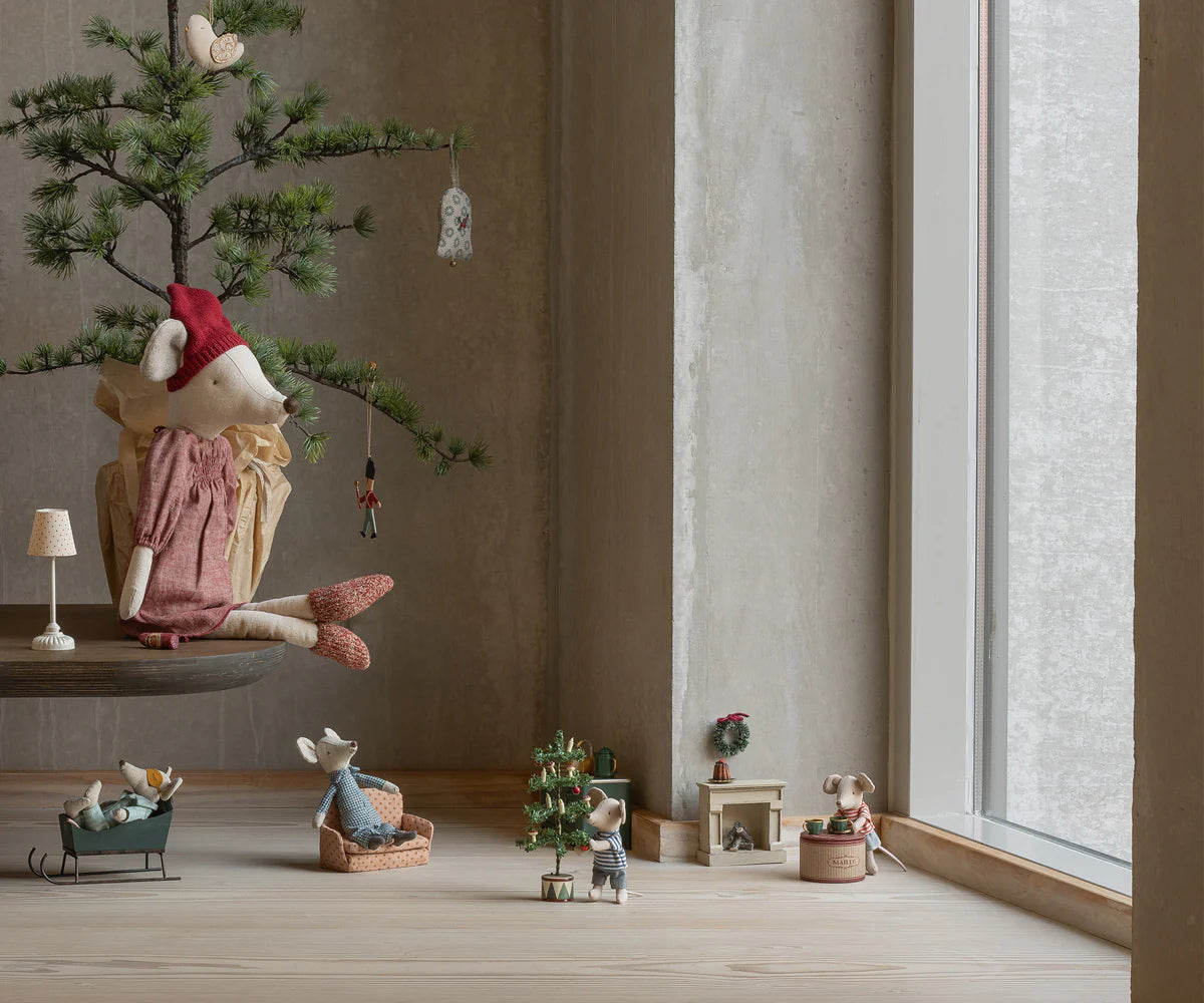 Maileg Christmas mouse and tiny tree in a cozy winter scene