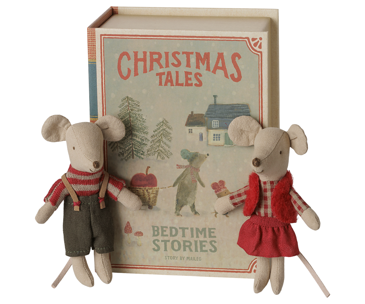 Maileg Christmas twin mice, Little sister and brother in book, view 3