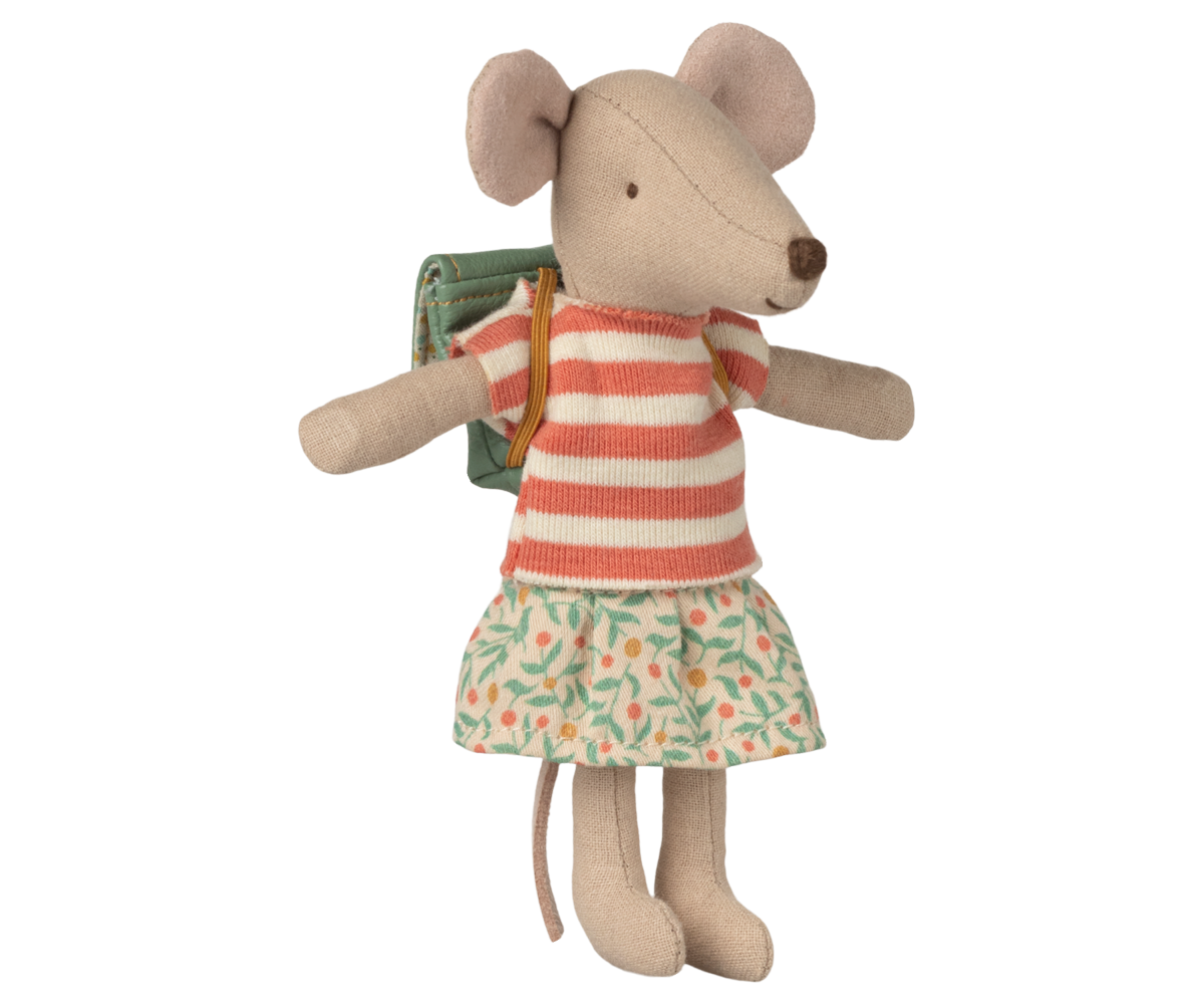 Maileg Big sister mouse wearing striped shirt floral skirt and green backpack
