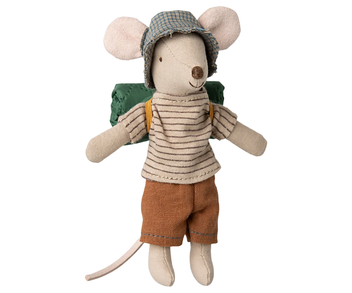 Maileg hiking mouse with hat, striped shirt, shorts and sleeping bag