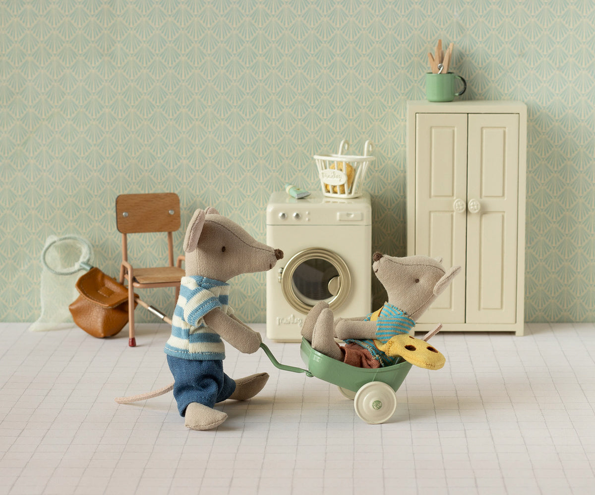 Maileg Little Brother Mouse with Bag in mouse house play scene