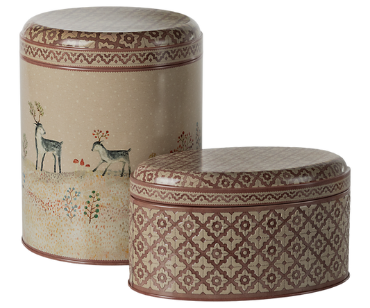Maileg Winter Wonderland metal box set: tall illustrated woodland tin and smaller patterned oval tin